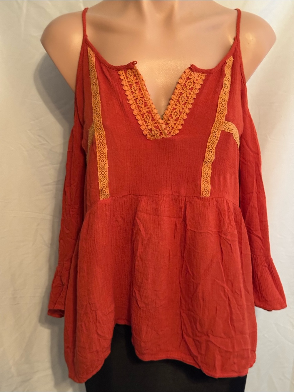 Pretty Burnt Orange Boho Cold-Shoulder Peasant Blouse with Flowy Sleeves
